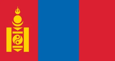 The flag of Mongolia features three vertical stripes: red on the left and right, and blue in the center. The left red stripe contains a yellow Soyombo symbol.