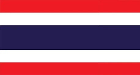 Country flag of Thailand featuring five horizontal stripes in the color sequence: red, white, blue that is double width, white, and red.